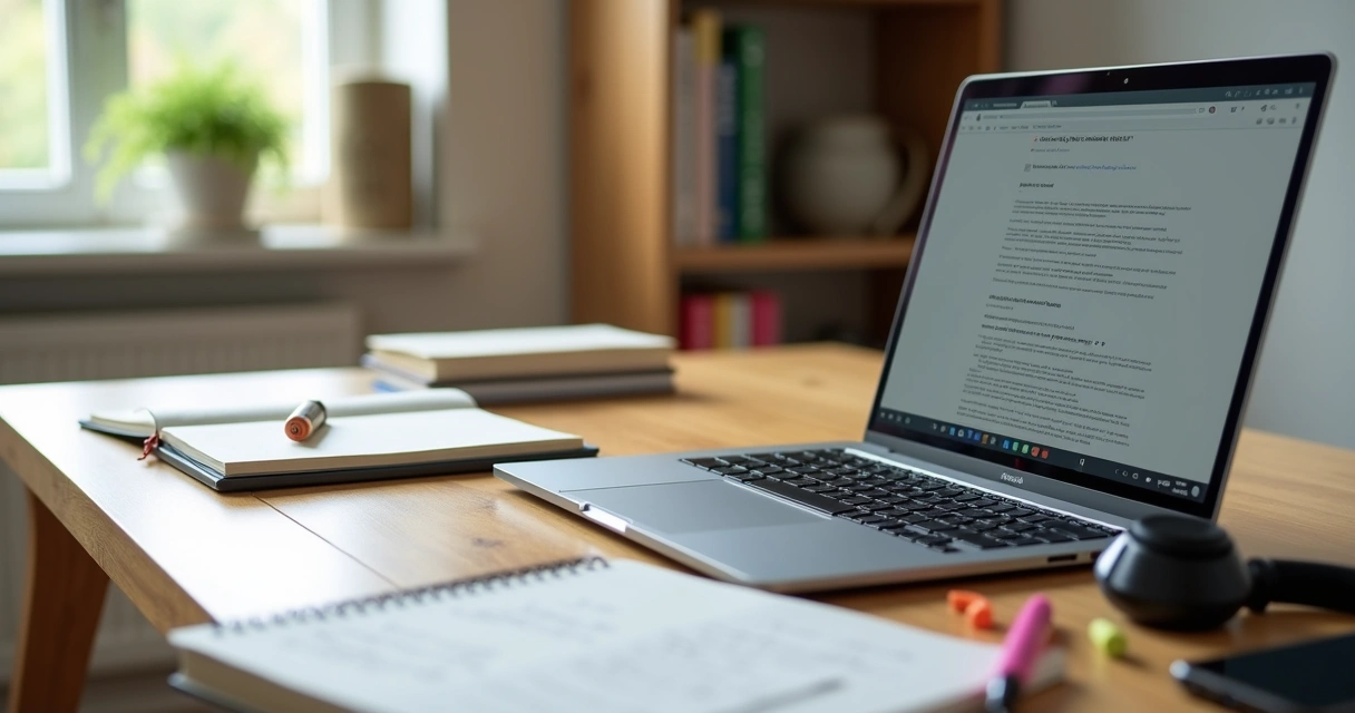 Estudante usando notebook leve para estudos em uma mesa organizada 
