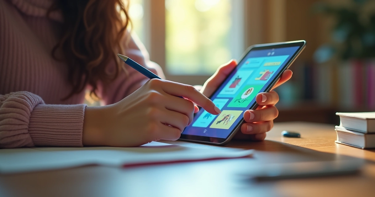 Estudante resolvendo flashcards em tablet 