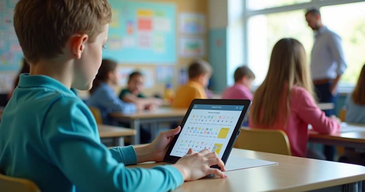 Estudante usando tablet em sala de aula 