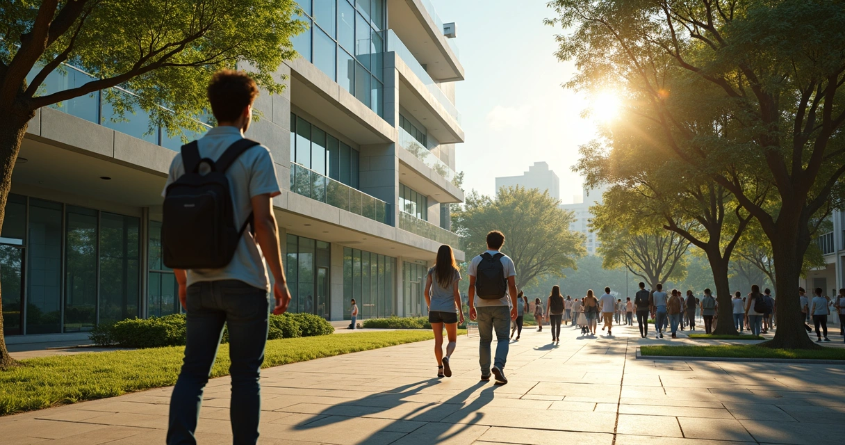 Jovem caminhando no campus universitário 