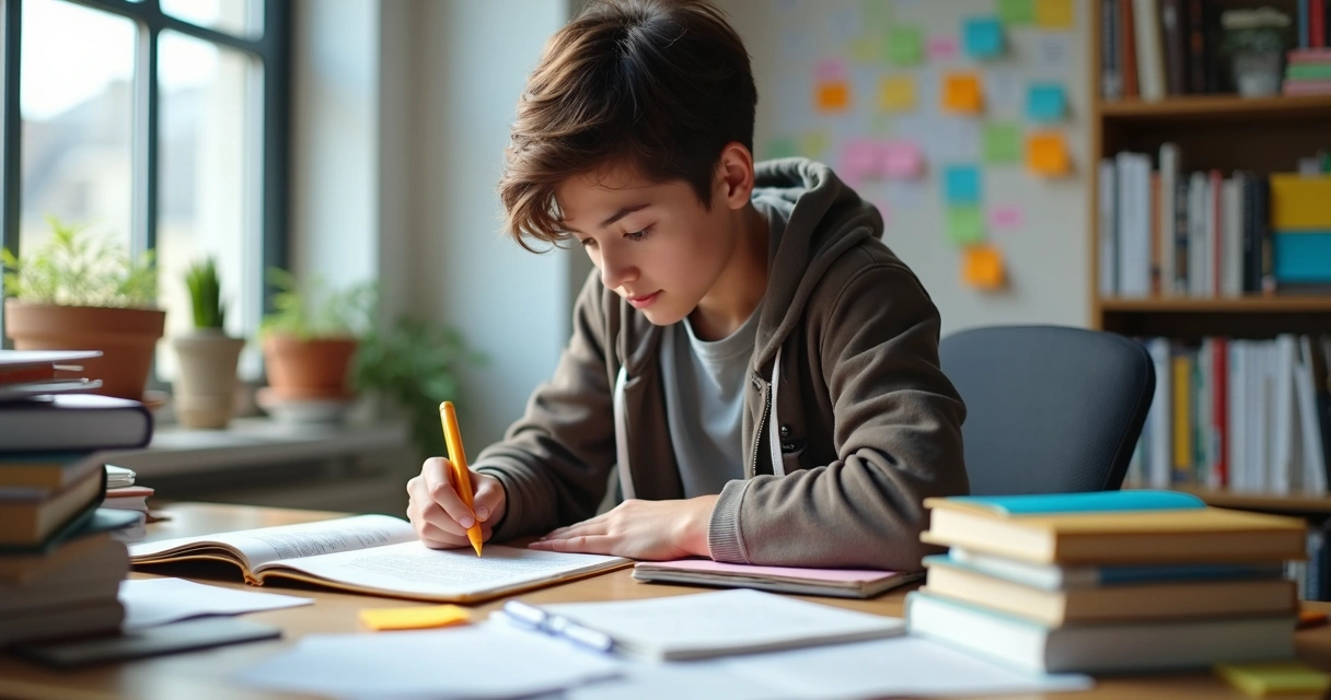 Pessoa estudando com livros, usando marca-texto e post-its coloridos