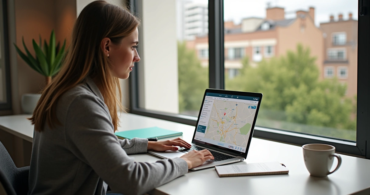 Estudante jovem consultando imóveis no laptop com mapa interativo da cidade na tela, ambiente moderno e iluminado 