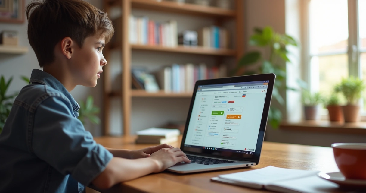 Estudante jovem estudando em notebook com tela de plataforma EAD, ambiente iluminado e moderno 