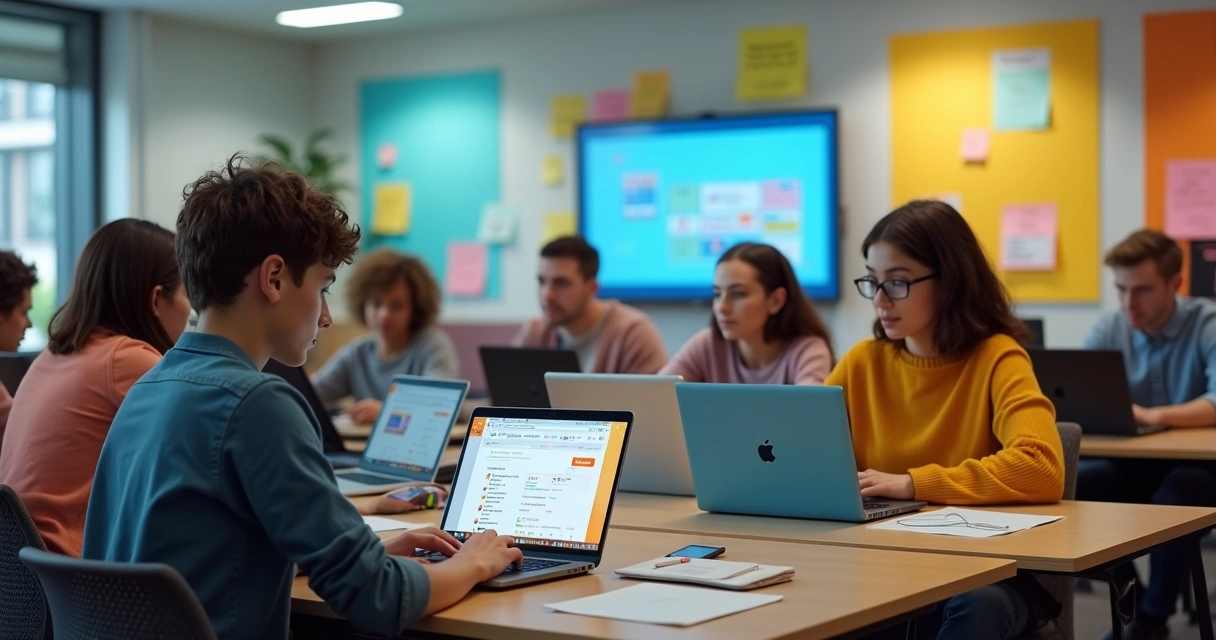 Estudantes acessando plataforma EAD Moodle em notebooks, ambiente moderno