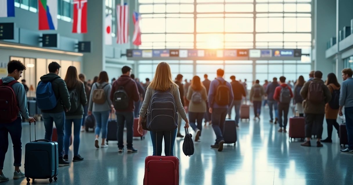 Estudantes brasileiros no saguão do aeroporto dos EUA, próximos das malas, segurando documentos 