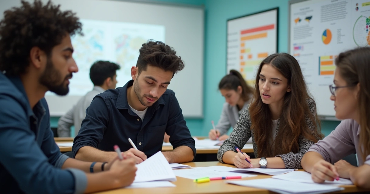 Estudantes analisando provas antigas em sala de aula