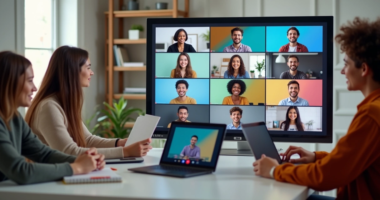 Grupo de alunos apresentando projeto online em reunião virtual 