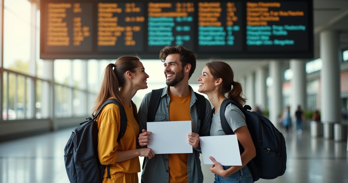 Grupo de estudantes comemorando aprovação com mochilas e malas