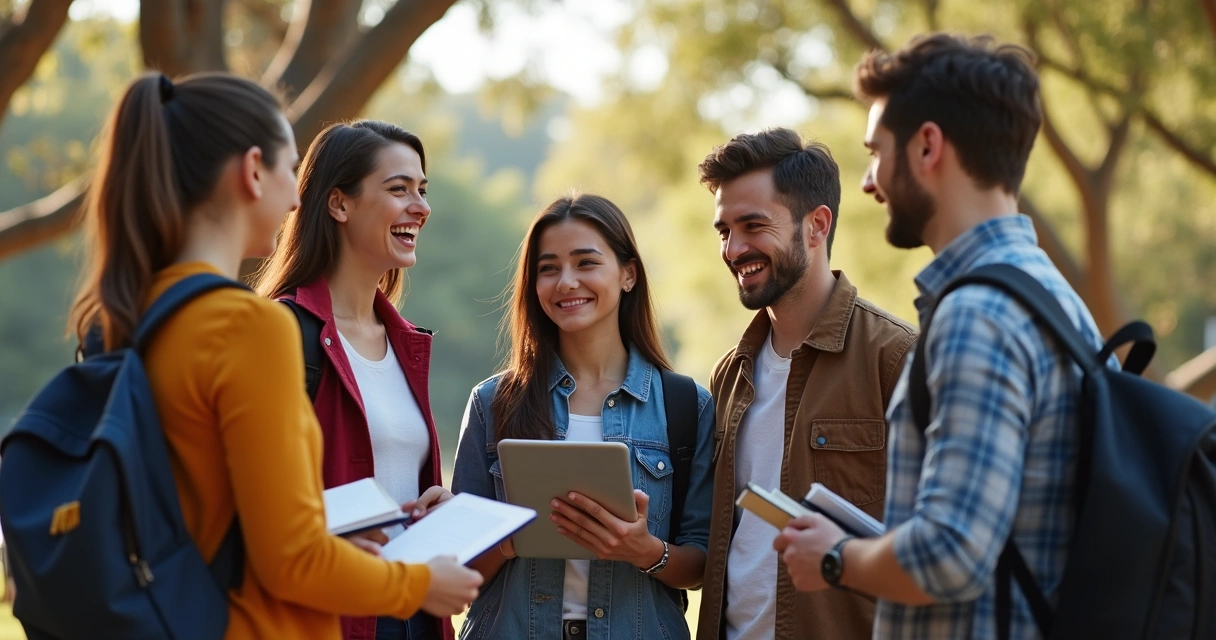 Estudantes internacionais conversando em campus universitário australiano