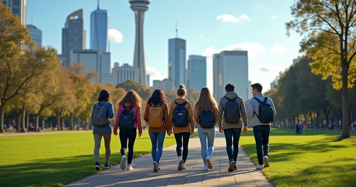 Estudantes caminhando com mochilas em parque australiano, prédios ao fundo 
