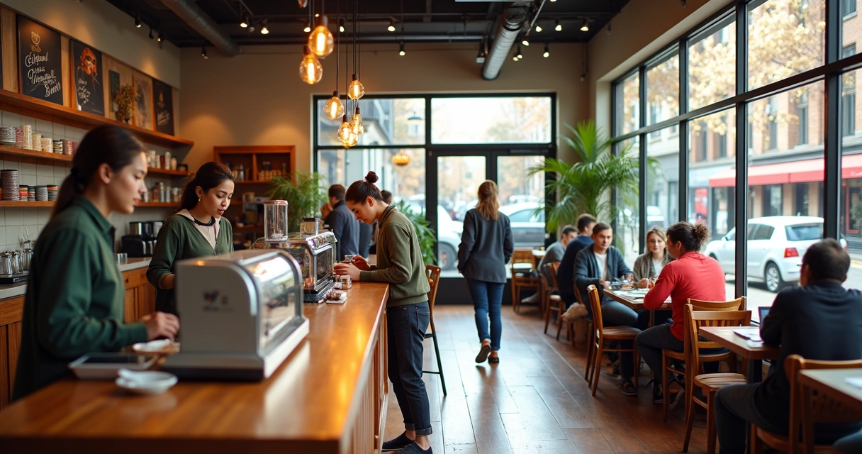 Estudantes internacionais trabalhando em cafeteria australiana 