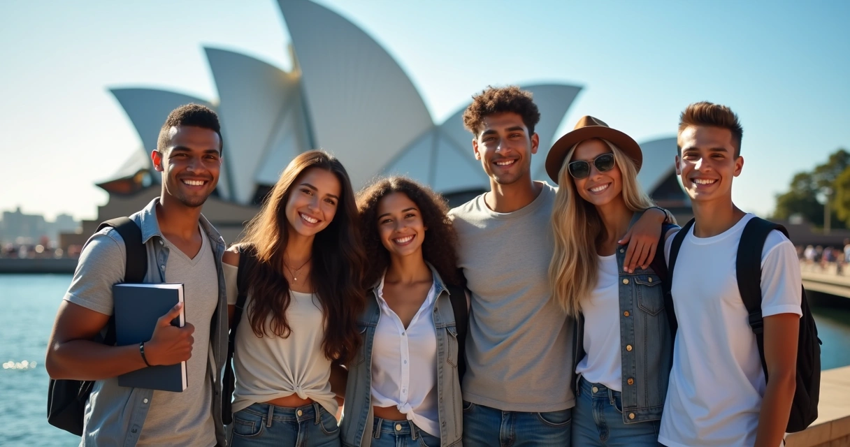 Grupo de estudantes brasileiros sorrindo em frente a ponto turístico australiano