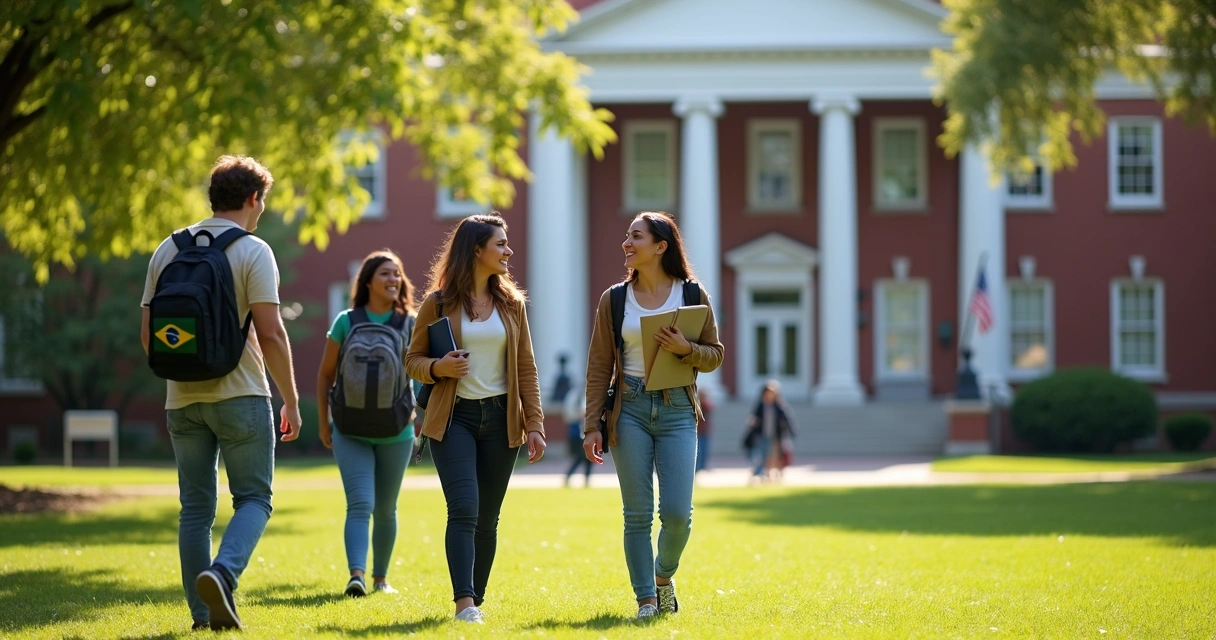 Estudantes caminhando em campus universitário americano com bandeira dos EUA ao fundo 