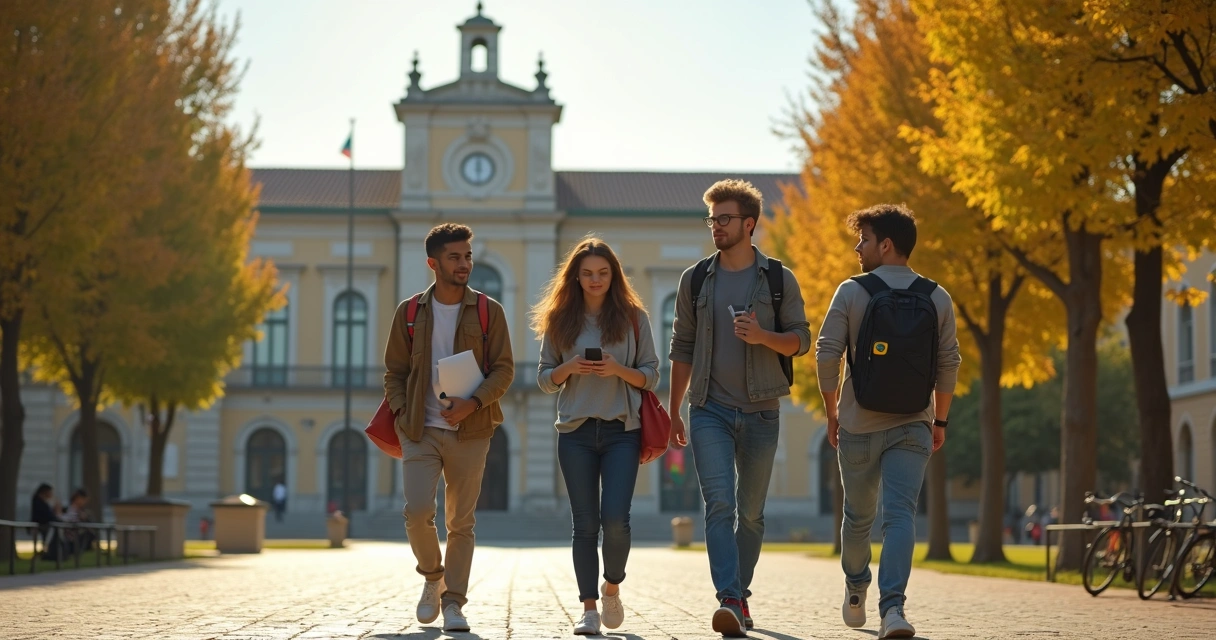 Estudantes brasileiros caminhando em campus universitário em Portugal com bandeiras de Brasil e Portugal 