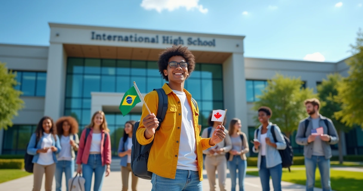 Turma diversa de adolescentes em frente a escola internacional segurando bandeiras do Brasil e de outros países 