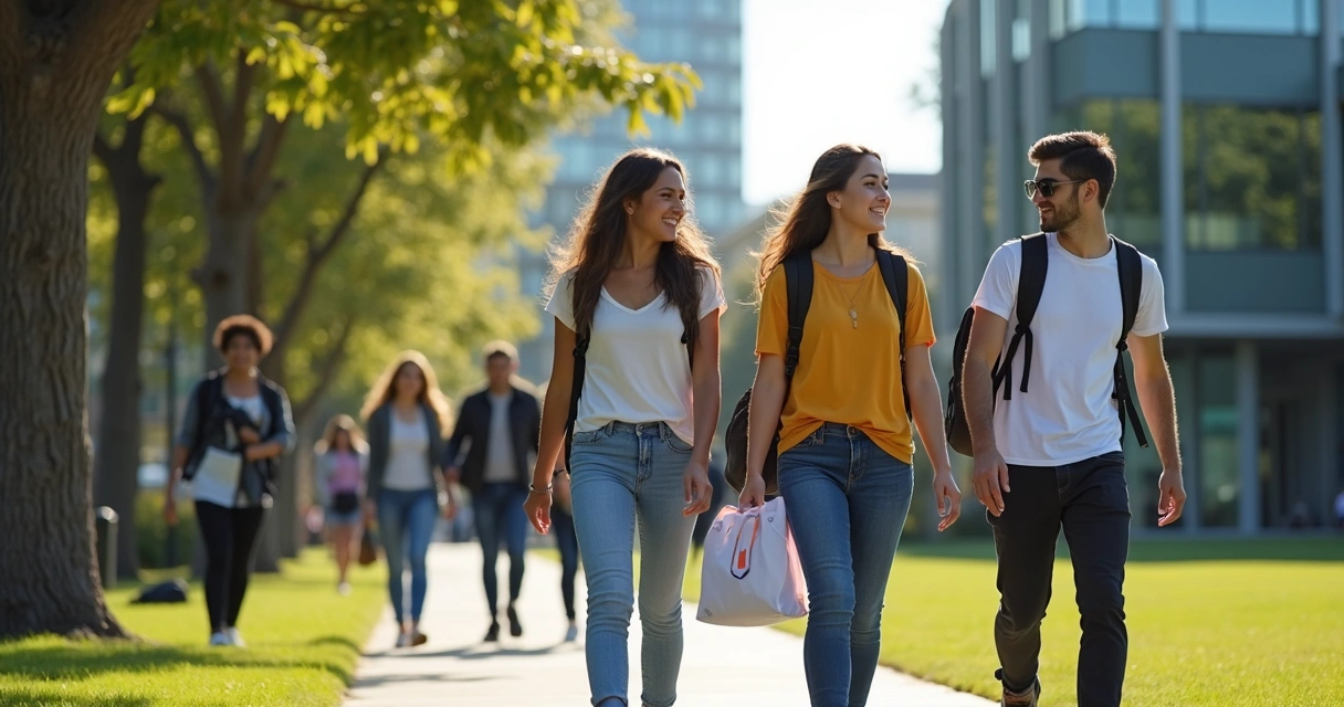 Estudantes brasileiros caminhando juntos em uma universidade na Nova Zelândia 