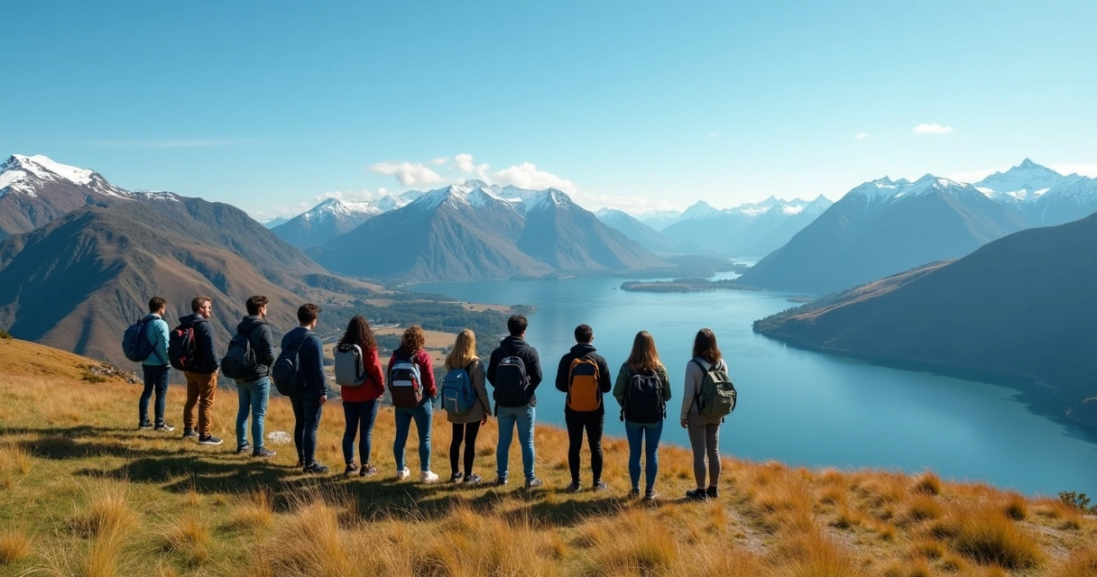 Estudantes brasileiros contemplando paisagem da Nova Zelândia 