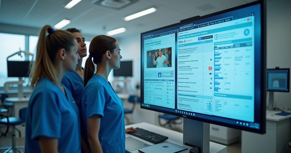 Estudantes em clínica odontológica usando sistema digital 