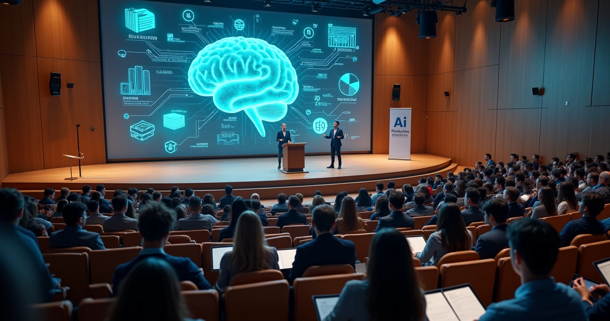 Estudantes de contabilidade em auditório universitário com holograma de inteligência artificial. 