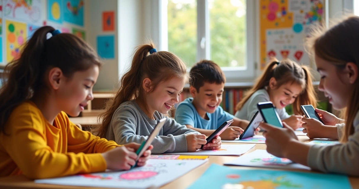 Estudantes usando celulares e tablets para criar vídeos e fotos digitais em sala de aula iluminada