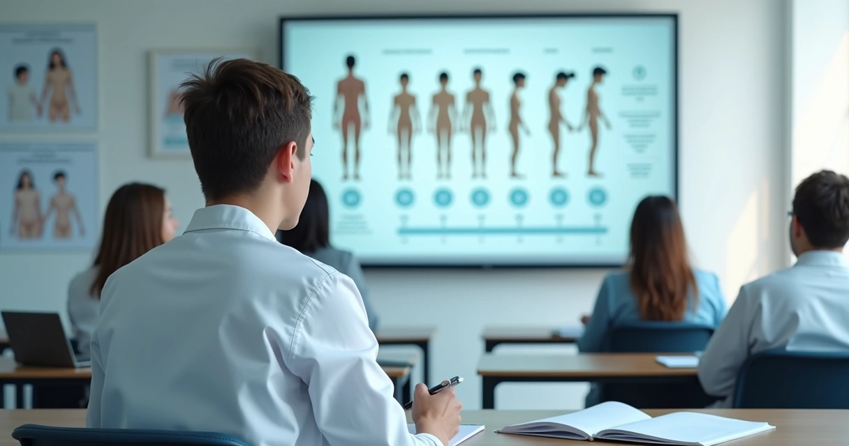 Estudante de medicina analisando ilustração sobre desenvolvimento puberal em sala de aula 