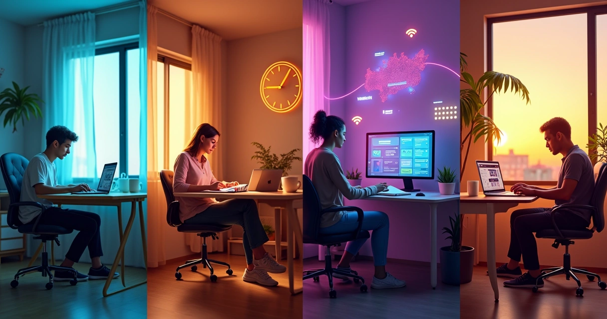 Várias pessoas estudando EAD em diferentes ambientes conectadas por elementos digitais coloridos 