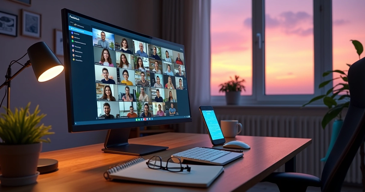 Grupo diverso de estudantes em paredes de videoconferência em uma grande tela de computador 