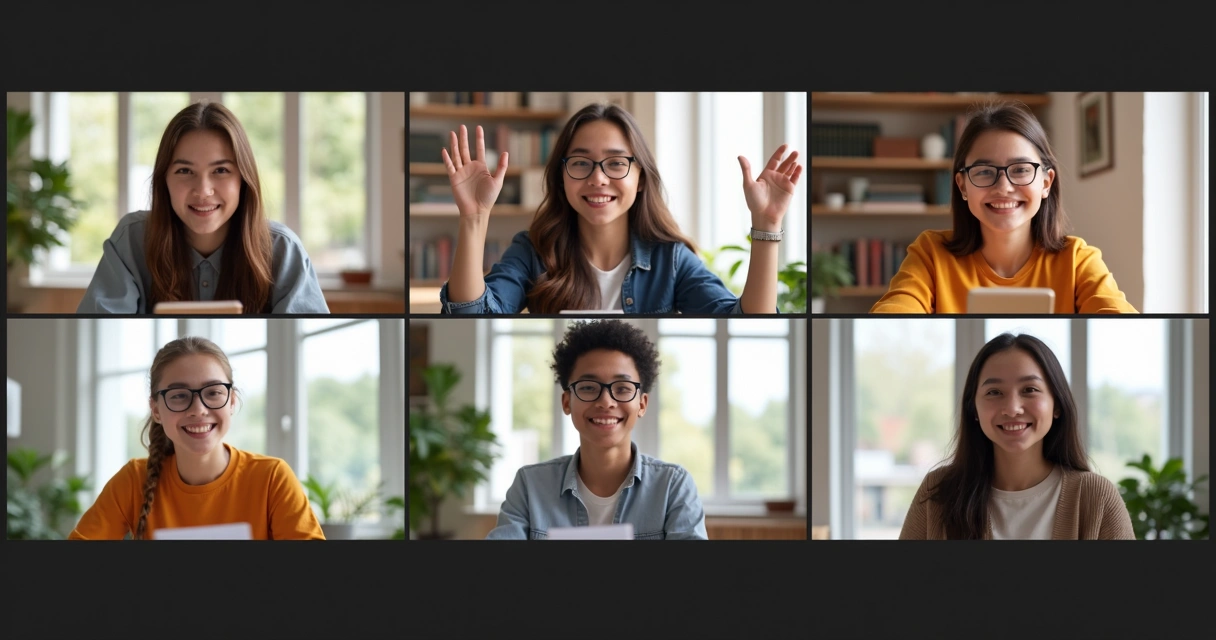 Grupo de estudantes sorridentes em videochamada com livros ao fundo 