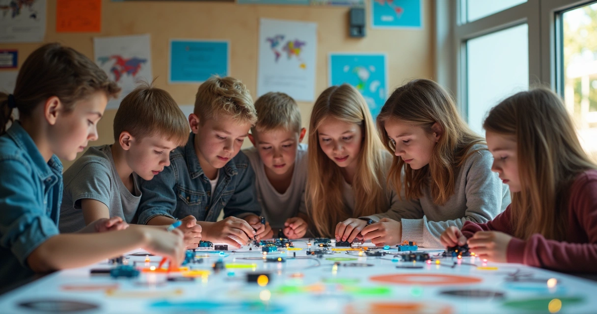 Estudantes reunidos em mesa educacional desenvolvendo um projeto maker