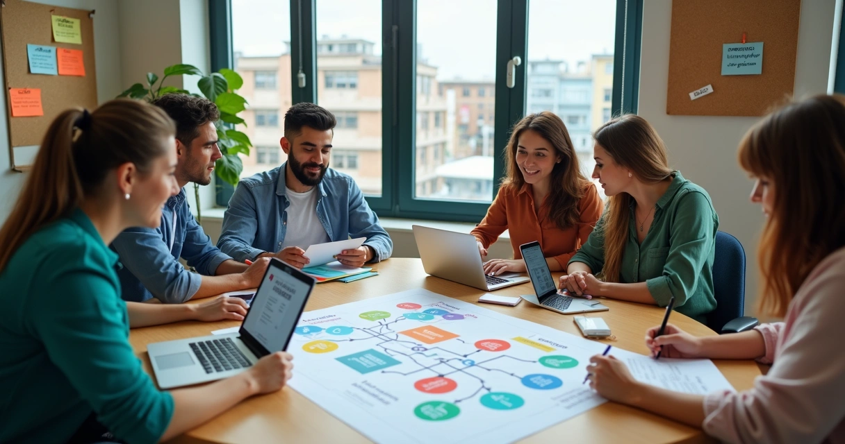 Grupo diverso analisando opções de cursos EAD em mesa redonda 