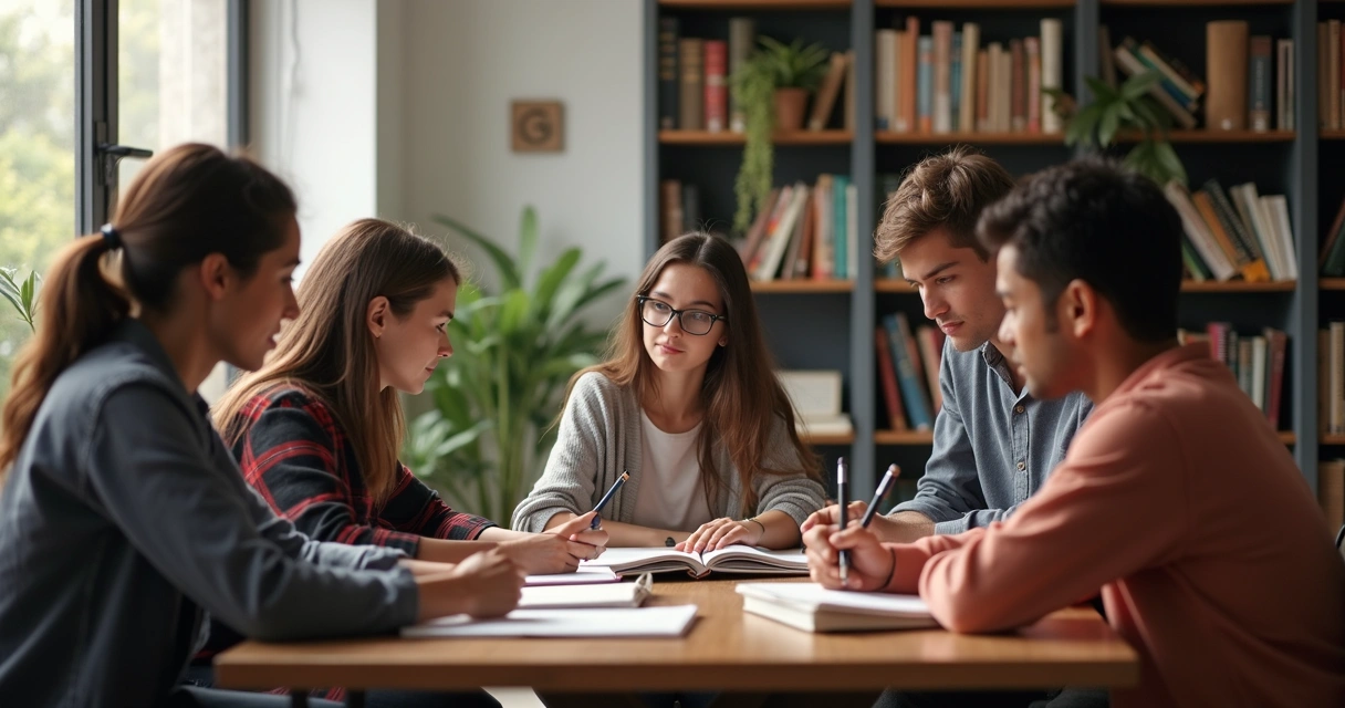 Estudantes em ambiente de estudo, alguns concentrados estudando sozinhos e outros em grupo discutindo conteúdos com livros e notebooks 
