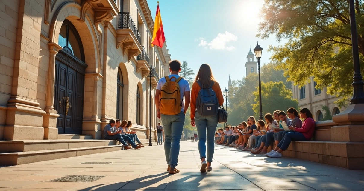 Estudantes em frente a universidade na Espanha com bandeira espanhola 