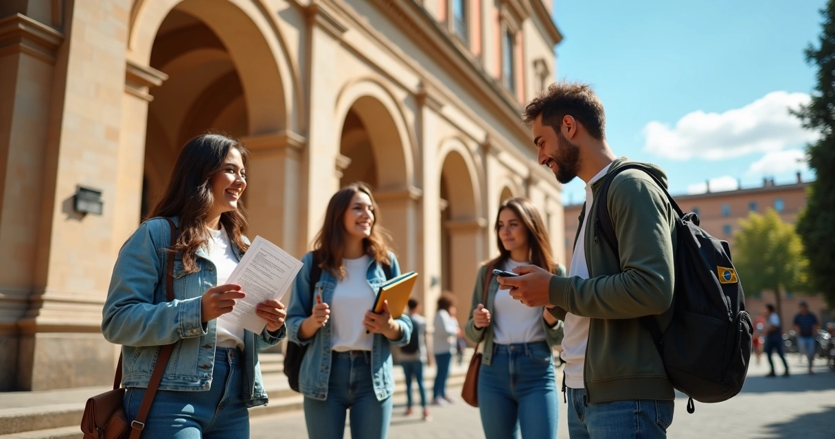 Estudantes internacionais em frente a universidade italiana histórica 