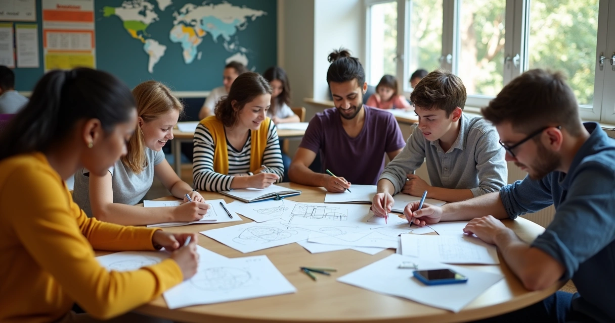 Grupo de estudantes debatendo conceitos matemáticos 