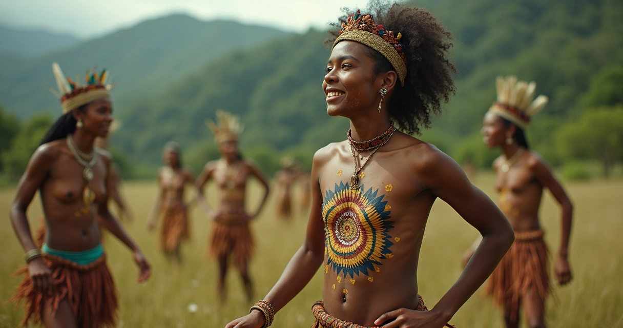 Estudantes indígenas realizando dança Toré em área de floresta no território Potiguara, com corpo pintado e ambiente natural ao fundo 