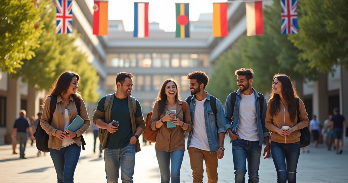 Grupo diverso de estudantes caminhando em campus universitário internacional 