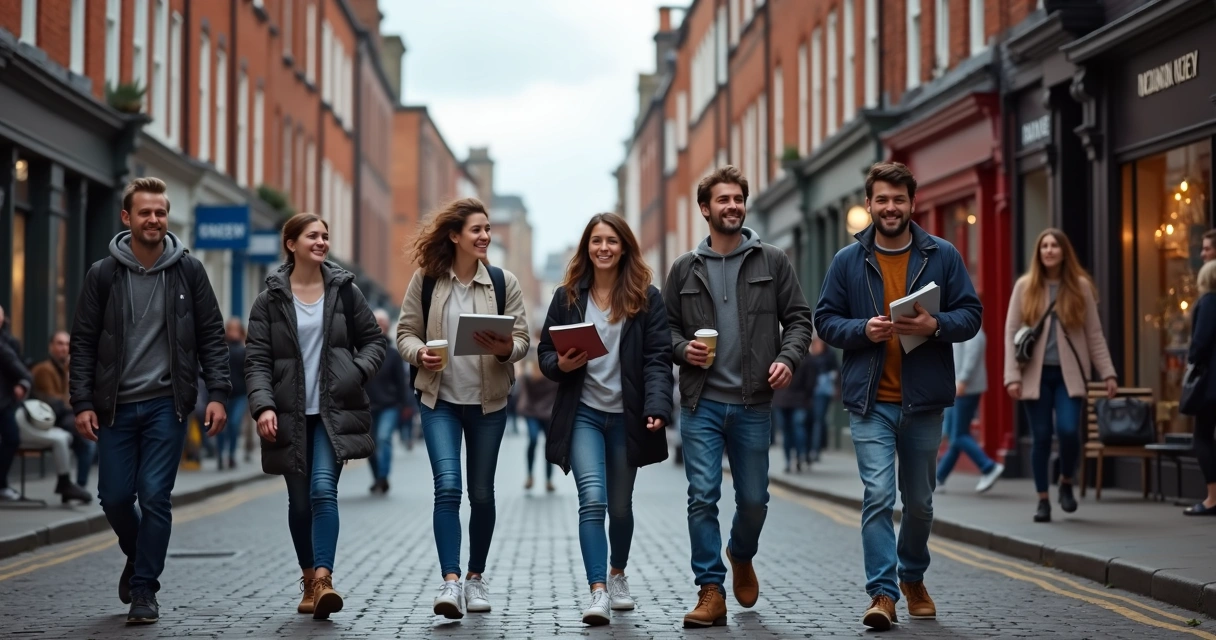 Grupo de estudantes caminhando pelo centro comercial da Irlanda. 