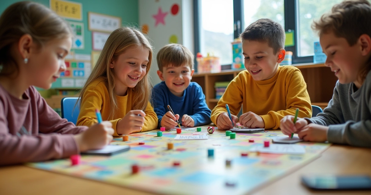 Grupo de estudantes resolvendo desafios matemáticos em jogo de tabuleiro 