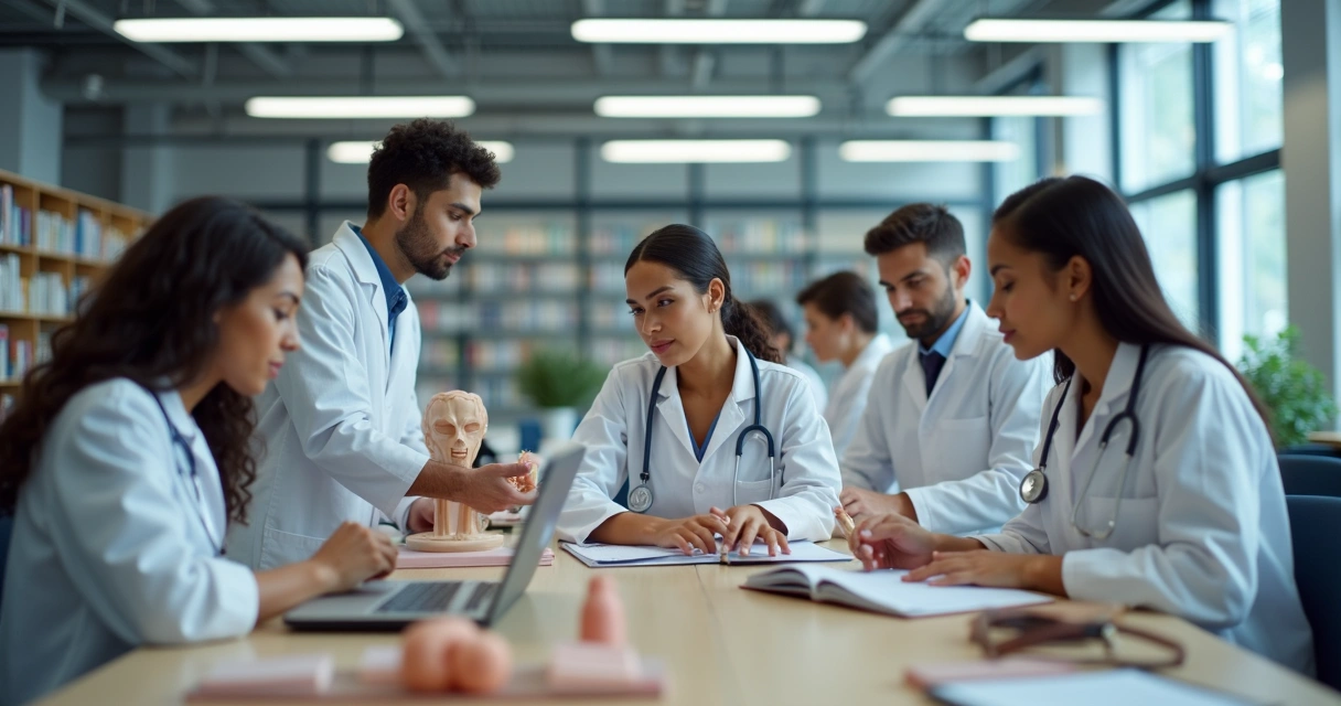 Estudantes de medicina estudando em biblioteca moderna