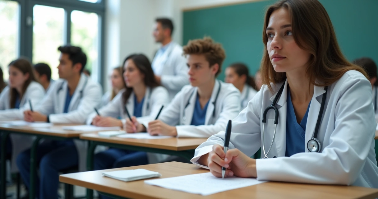 Estudantes de medicina realizando prova em sala 