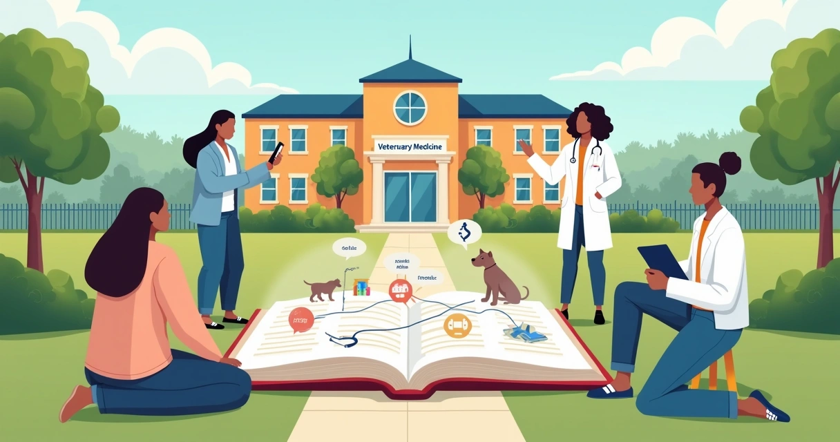 Estudantes de medicina veterinária analisando planos de carreira no campus universitário 