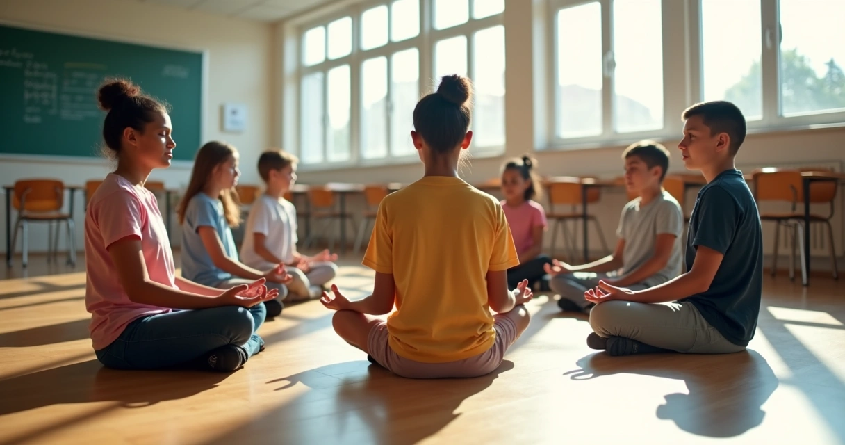Jovens sentados em círculo, olhos fechados, em sala de aula ampla e iluminada 
