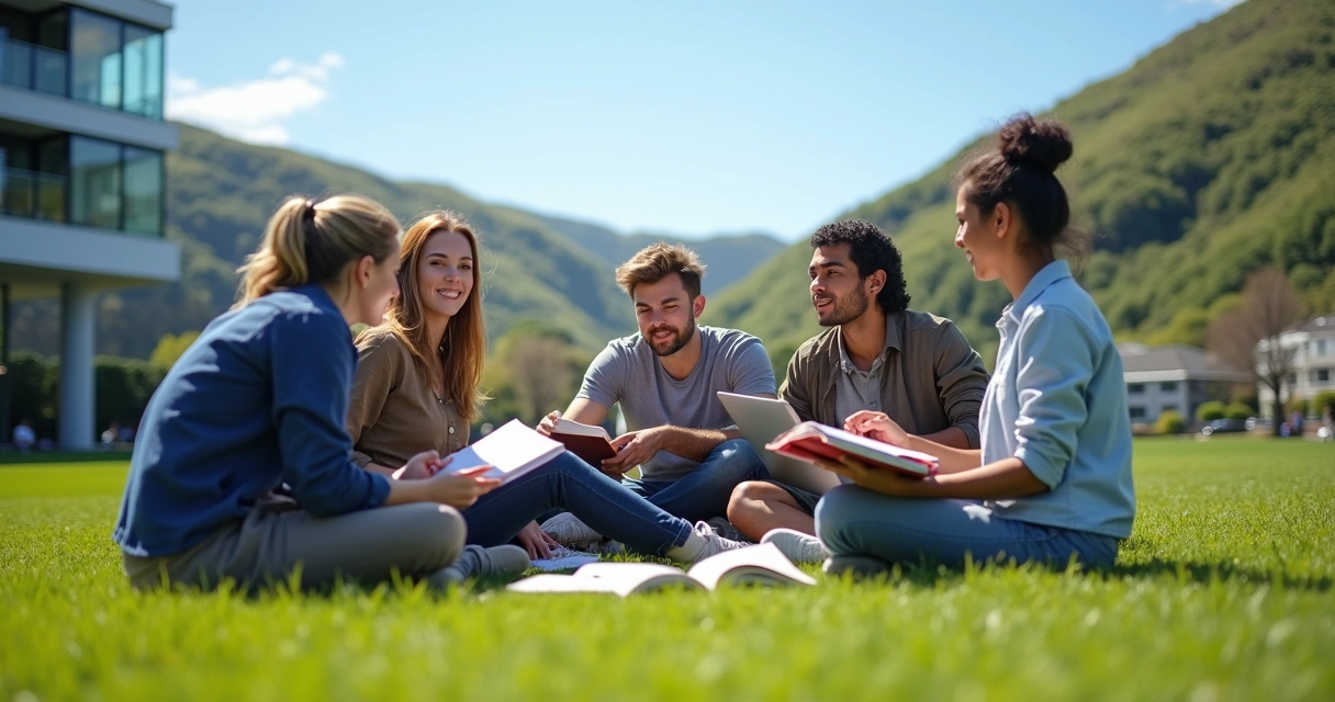 Estudantes conversando em um campus universitário na Nova Zelândia.