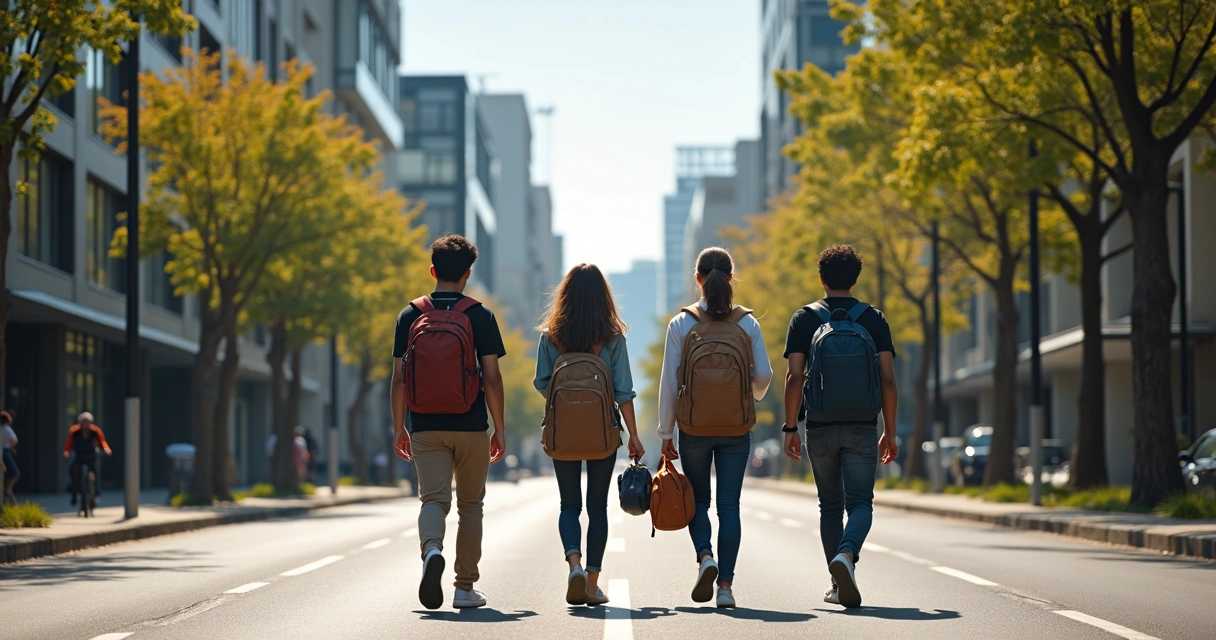 Estudantes em área urbana da Nova Zelândia caminhando com material escolar 