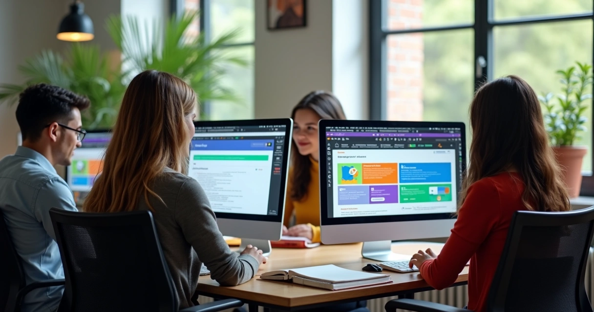 Estudantes em um ambiente digital, cada um com uma plataforma de cursos diferente na tela 