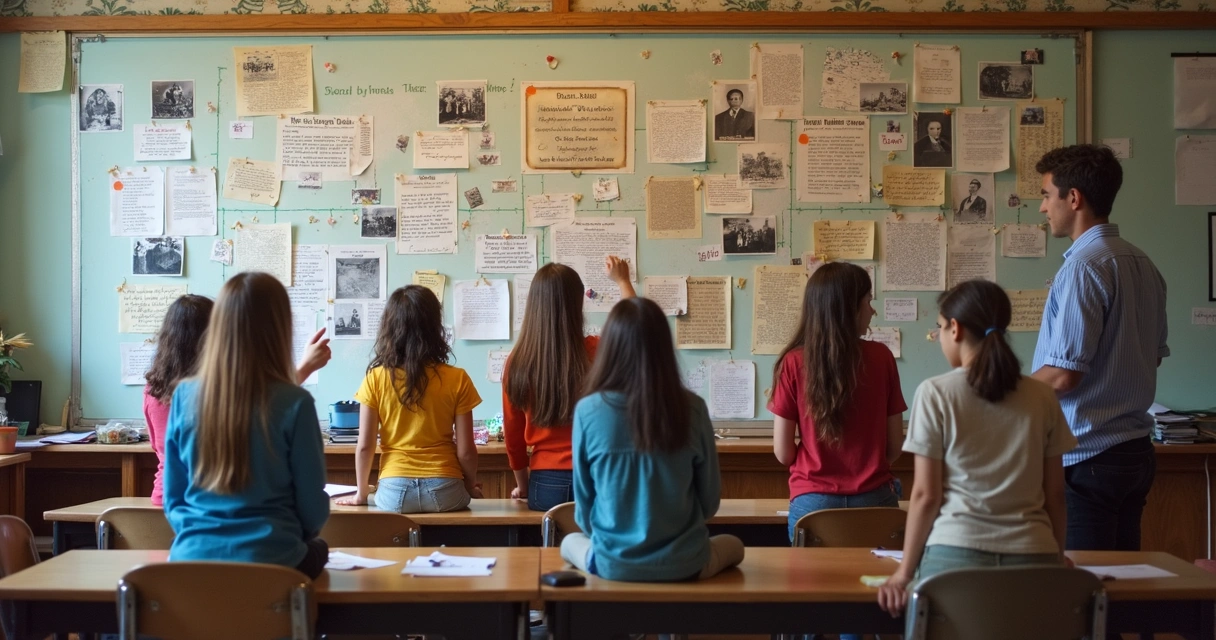 Estudantes construindo um painel do tempo com registros de diferentes épocas