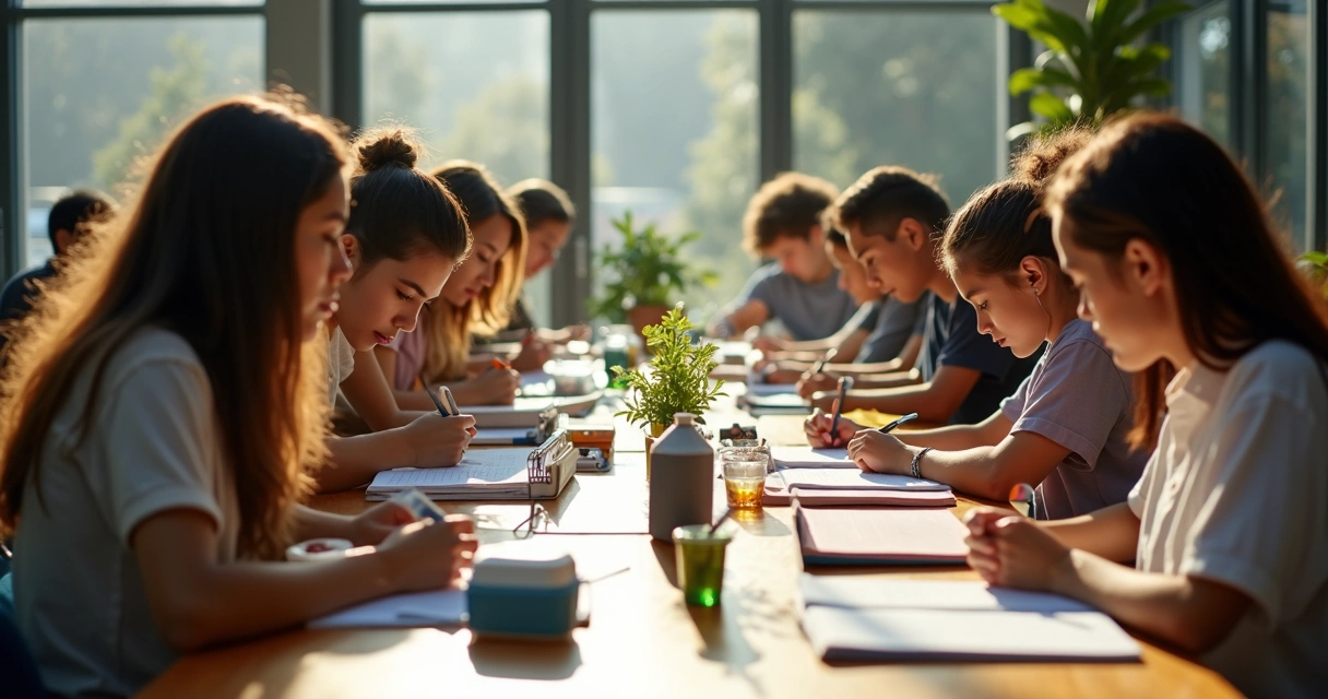 Grupo de estudantes aplicando Pomodoro em mesa compartilhada 