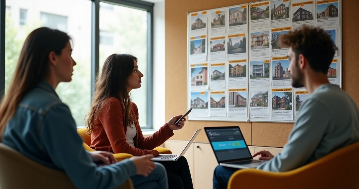 Três jovens conversando em frente a um quadro de avisos sobre imóveis