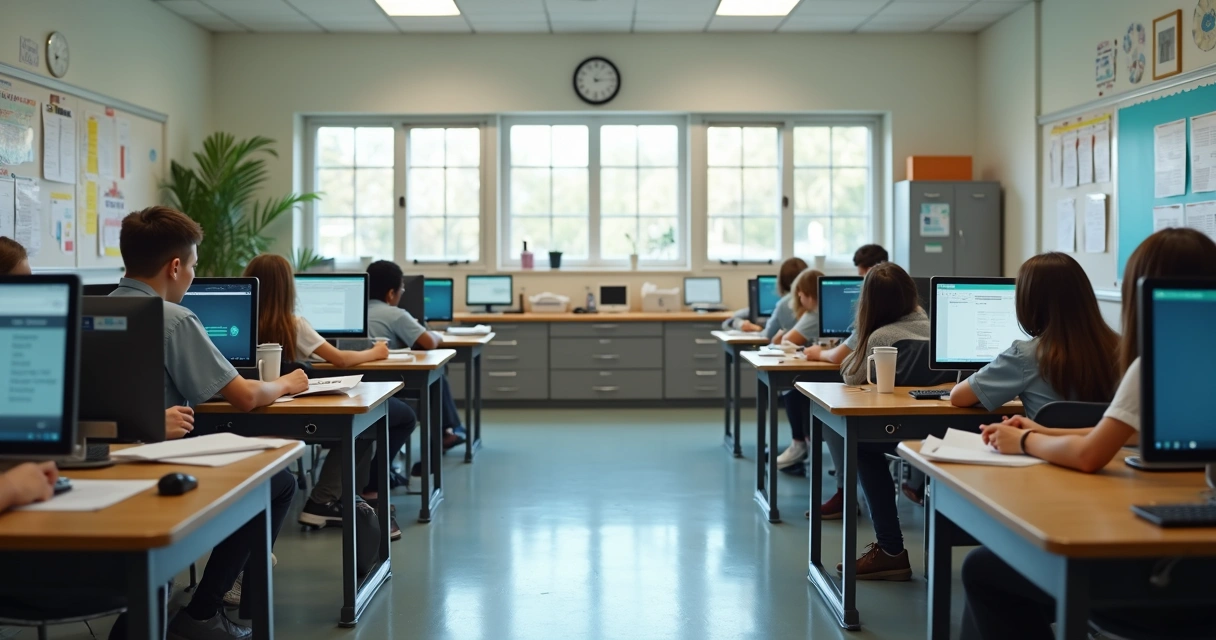 Estudantes em sala simulada de secretaria escolar trabalhando com computadores e arquivos 