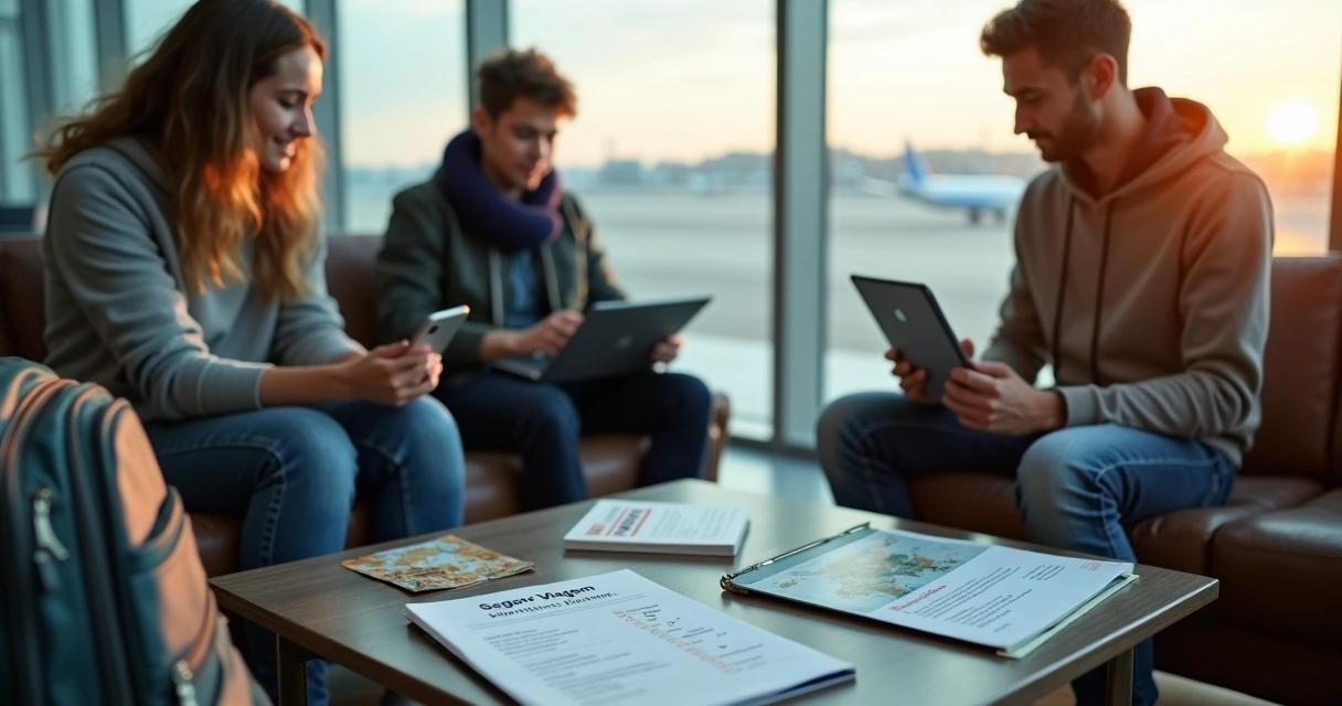 Grupo de estudantes com mochilas sentados em aeroporto analisando apólice de seguro viagem no tablet 